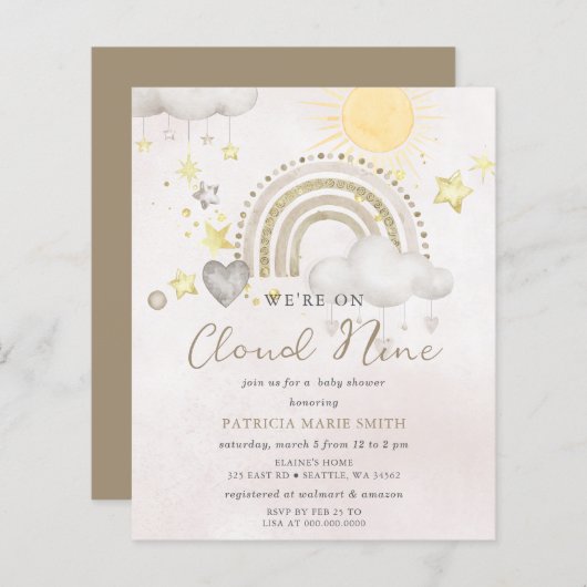 Budget Cloud Nine Boho Baby Shower Invitation (Voorkant / Achterkant)
