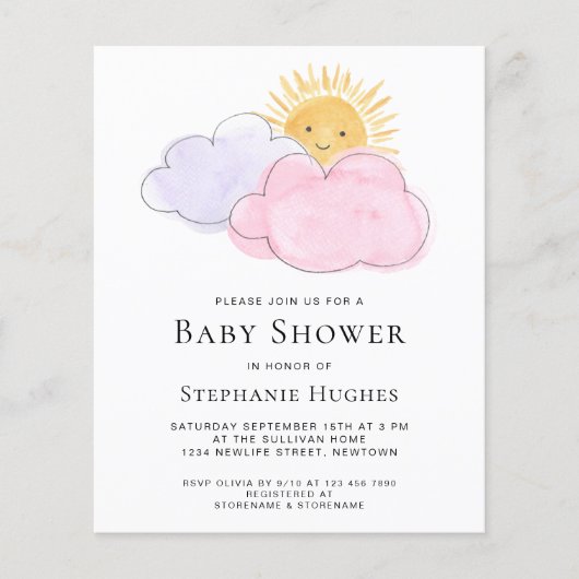 Budget Clouds Girls Baby shower Uitnodiging (Voorkant)