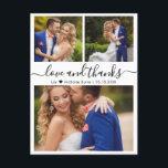 Budget Collage Love en Bedankt Weddenschap Dank u Briefkaart<br><div class="desc">Budget Minimal, Modern, Elegant "Liefde en bedankt" Script Fotocollage Bruiloft Dank u Postard. Minimalistische bruiloft dank u kaart sjabloon met drie foto op de voorkant en een foto op de achterkant. Met de tekst "Liefde en bedankt" in een wervelende met de hand geletterde typografie swash tail font script in zwarte...</div>