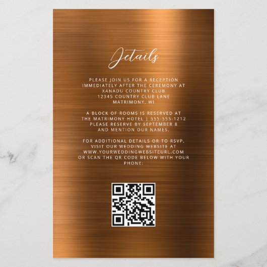 Budget Copper Glam QR Code Wedding Invite (Achterkant)