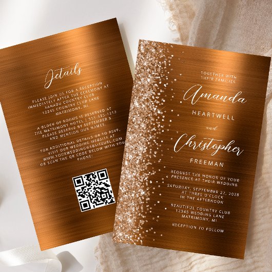 Budget Copper Glam QR Code Wedding Invite