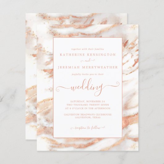 Budget Copper Roos Gold Marble Wedding Uitnodiging (Voorkant / Achterkant)