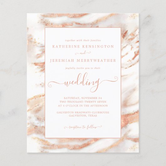 Budget Copper Roos Gold Marble Wedding Uitnodiging (Voorkant)
