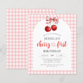 Budget Coquette Cherry Eerste Verjaardag Uitnodigi (Voorkant / Achterkant)