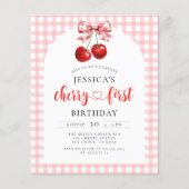 Budget Coquette Cherry Eerste Verjaardag Uitnodigi (Voorkant)
