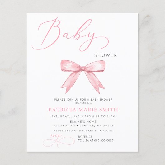 Budget Coquette Roze Bow Girl Baby shower (Voorkant)