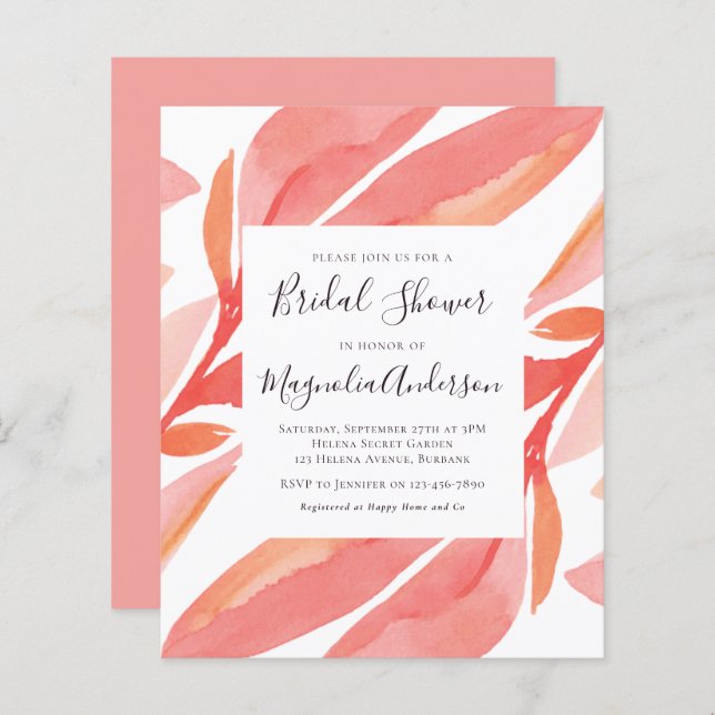 Budget Coral Botanical Bridal Shower Invitation (Voorkant / Achterkant)