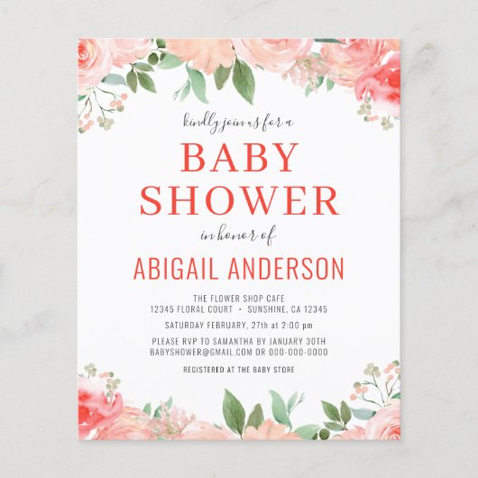 Budget Coral Floral Baby shower Flyer (Voorkant)