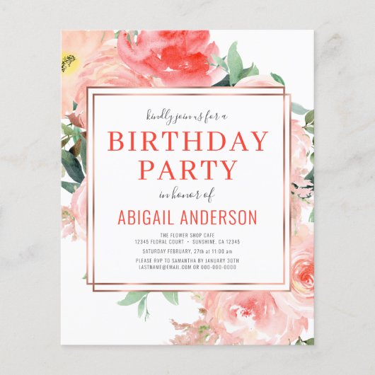 Budget Coral Floral Birthday Flyer (Voorkant)