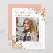 Budget Coral Floral Foto Afstuderen Aankondiging (Voorkant / Achterkant)