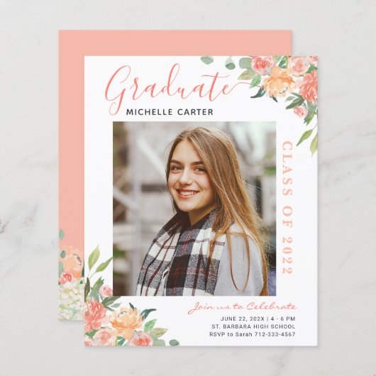 Budget Coral Floral Foto Afstuderen Aankondiging (Voorkant / Achterkant)