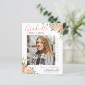 Budget Coral Floral Foto Afstuderen Aankondiging (Staand voorkant)