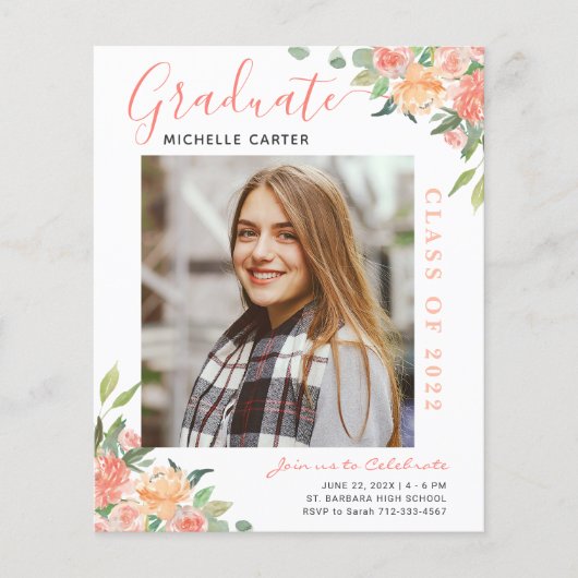 Budget Coral Floral Foto Afstuderen Aankondiging (Voorkant)