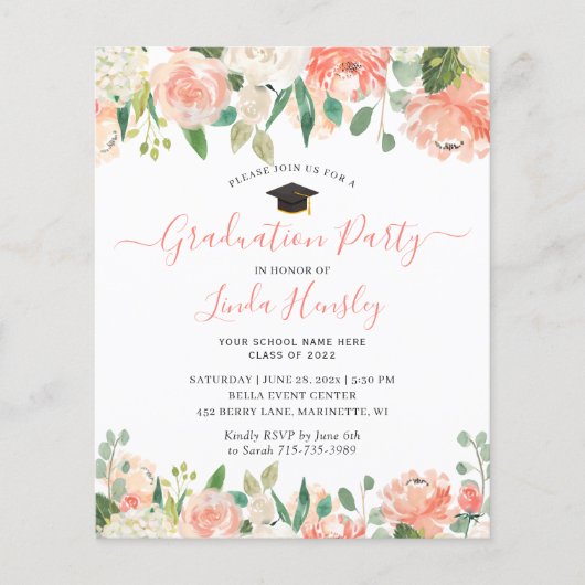 Budget Coral Floral Gradual Party Uitnodiging (Voorkant)