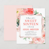 Budget Coral Floral Peach Sweet Sixteen uitnodigin (Voorkant / Achterkant)