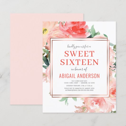 Budget Coral Floral Peach Sweet Sixteen uitnodigin (Voorkant / Achterkant)
