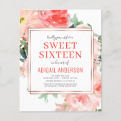 Budget Coral Floral Peach Sweet Sixteen uitnodigin (Voorkant)