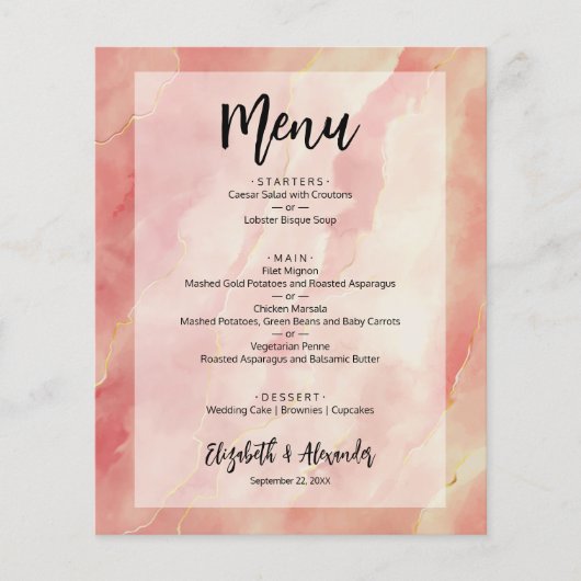 Budget Coral Gold Marble Wedding Menu (Voorkant)