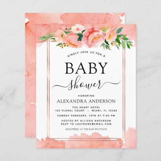 Budget Coral Peach Baby shower Pastel Uitnodiging (Voorkant / Achterkant)