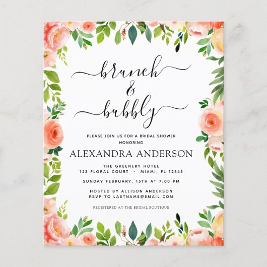 Budget Coral Peach Brunch & Bubble Vrijgezellenfee Flyer (Voorkant)