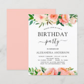 Budget Coral Peach Floral Birthday Invitation (Voorkant / Achterkant)