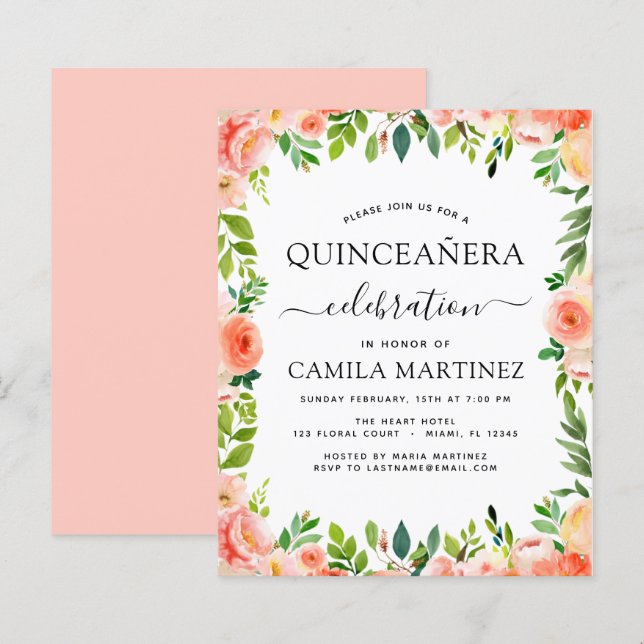 Budget Coral Peach Floral Quinceañera (Voorkant / Achterkant)