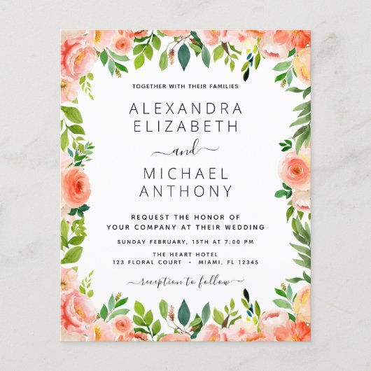 Budget Coral Peach Floral Wedding Flyer (Voorkant)