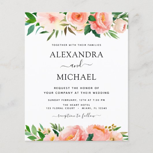 Budget Coral Peach Floral Wedding Flyer (Voorkant)