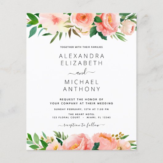 Budget Coral Peach Floral Wedding Flyer (Voorkant)