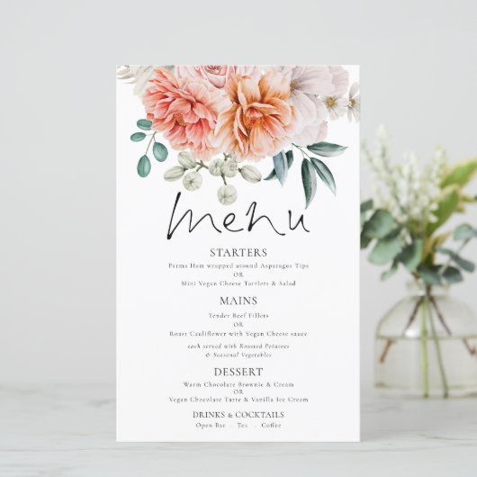 Budget Coral Peonies Florals Wedding Menu (Staand voorkant)
