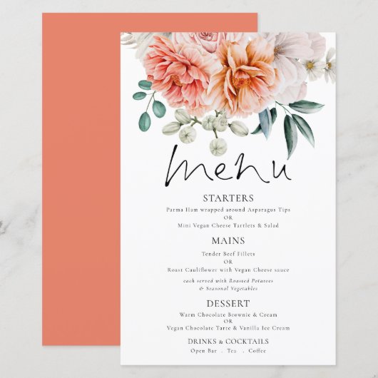Budget Coral Peonies Florals Wedding Menu (Voorkant / Achterkant)