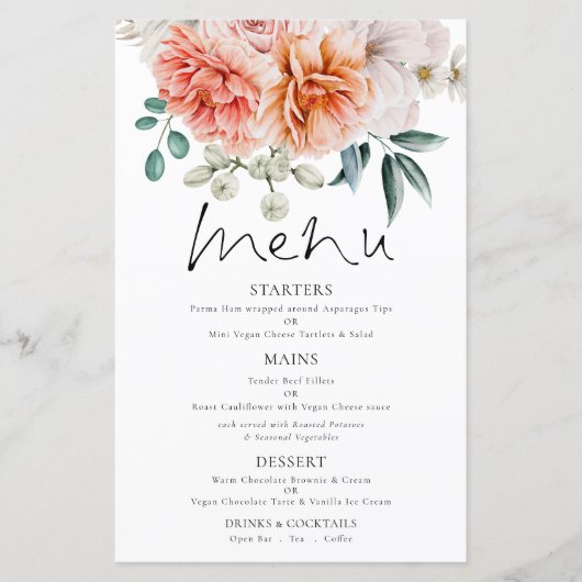 Budget Coral Peonies Florals Wedding Menu (Voorkant)