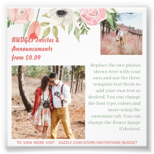 BUDGET Coral Pink Flowers Fototekst Sjabloon Foto Afdruk (Voorkant)