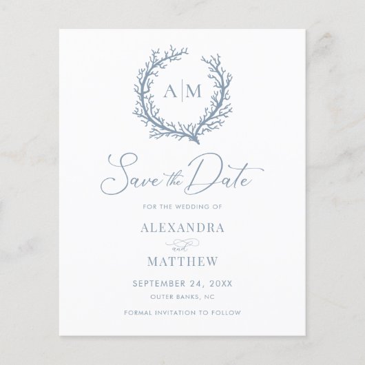 Budget Coral Reef Dusty Blue Wedding Save the Date (Voorkant)