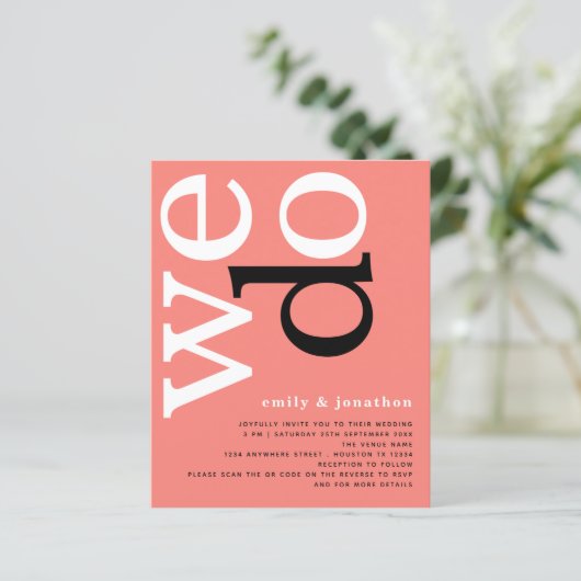 BUDGET Coral Roos Text QR Code Weddenschap Uitnodi (Staand voorkant)