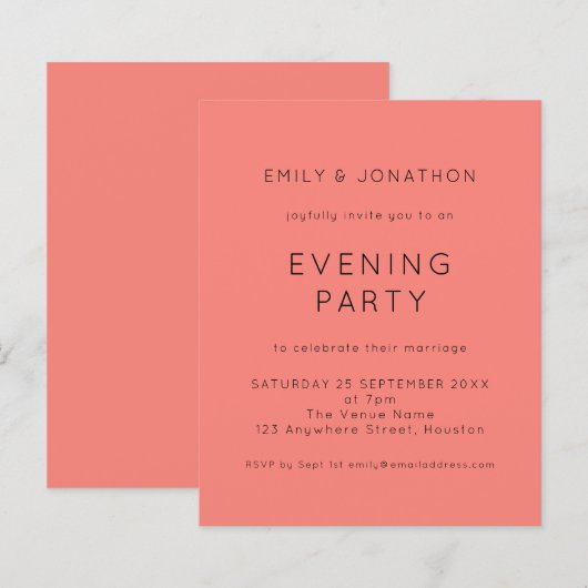 Budget Coral Roos Wedding Evening Party Invite (Voorkant / Achterkant)