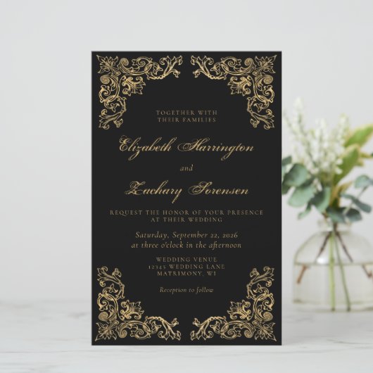 Budget Corners Black Gold Wedding Invite (Staand voorkant)