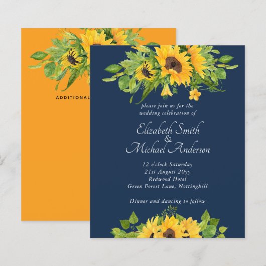 Budget Country Sunbloemen Navy Wedding Invitations (Voorkant / Achterkant)