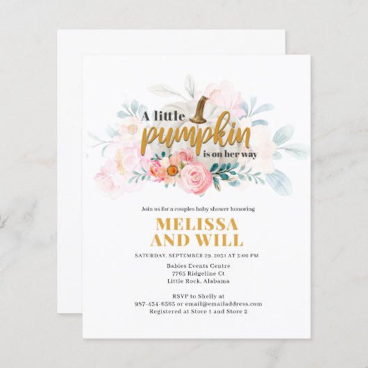 Budget Couples Baby shower Pumpkin Uitnodiging (Voorkant / Achterkant)