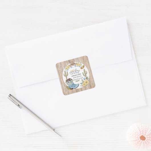 Budget cowboy Bleu Yellow Western laarzen vilten p Vierkante Sticker (Envelop)