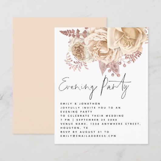 BUDGET Cream Florals Wedding Evening Party uitnodi (Voorkant / Achterkant)