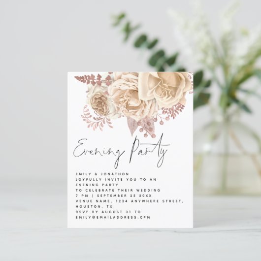 BUDGET Cream Florals Wedding Evening Party uitnodi (Staand voorkant)