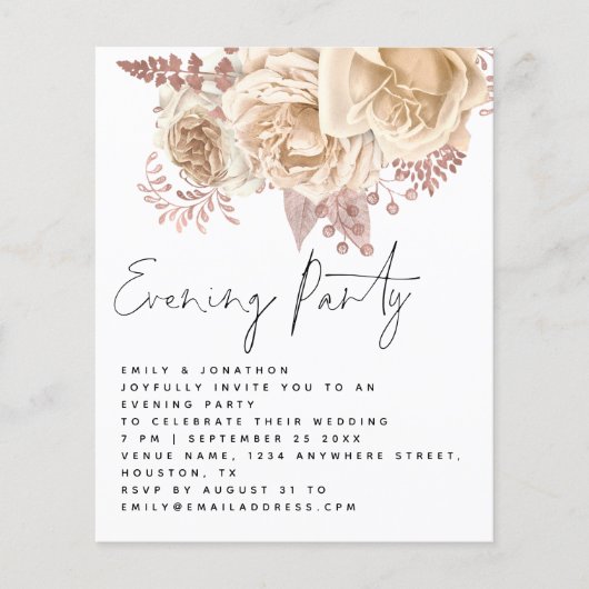 BUDGET Cream Florals Wedding Evening Party uitnodi (Voorkant)