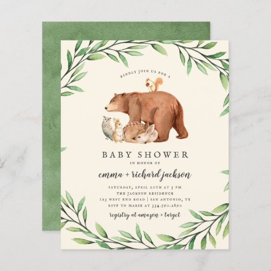 Budget Cream Greenery Forest Animals Baby shower (Voorkant / Achterkant)
