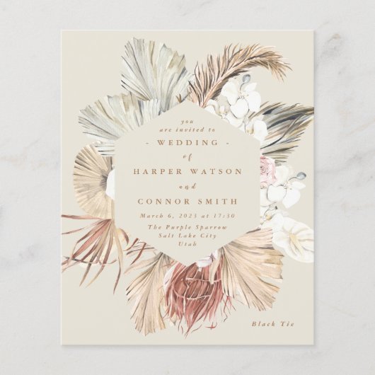 Budget Cream Pampas Dried Floral Oerwoud Wedding Flyer (Voorkant)