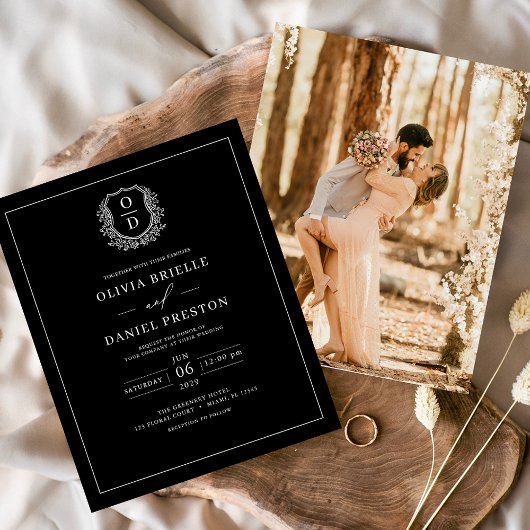 Budget Crest Black Foto Uitnodiging voor het Huwel