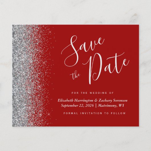Budget Crimson Red Silver Wedding Save the Date (Voorkant)