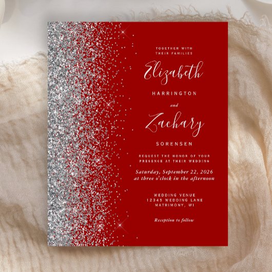 Budget Crimson Silver Glitter bruiloft uitnodiging
