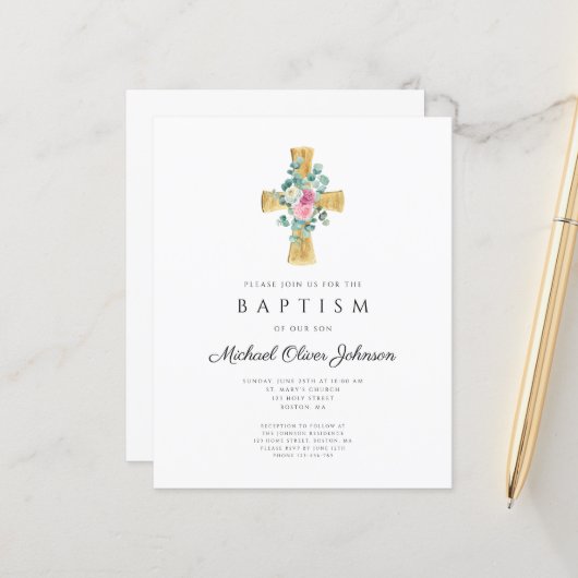 Budget Cross-roze Floral Peonies Baptisme Invite (Voorkant / Achterkant in situ)