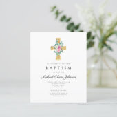 Budget Cross-roze Floral Peonies Baptisme Invite (Staand voorkant)